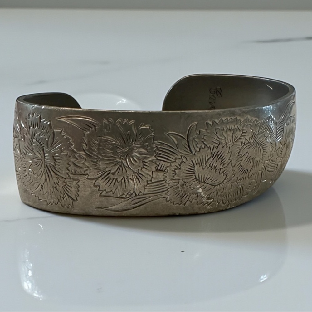 Vintage KIRK Pewter Floral Engraved Boho Festival Southwestern Cuff Bracelet
